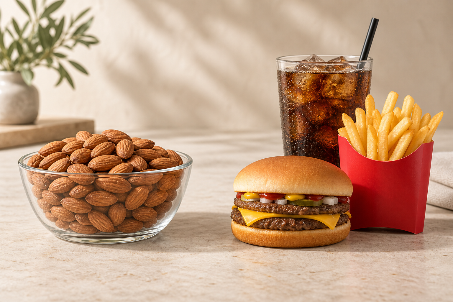 Illustrative comparison: 175 grams of whole almonds, about six and a quarter servings, approximately 1,000 calories. A McDouble, medium fries and Coke Zero Sugar: 710 calories.